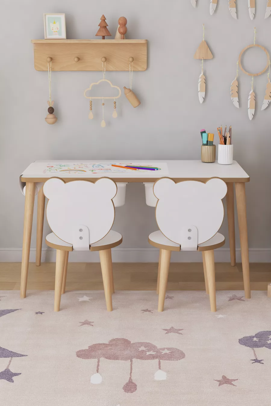 Table d'activité pour enfants avec papier à dessin en rouleau, 2 chaises et tiroir - Panda