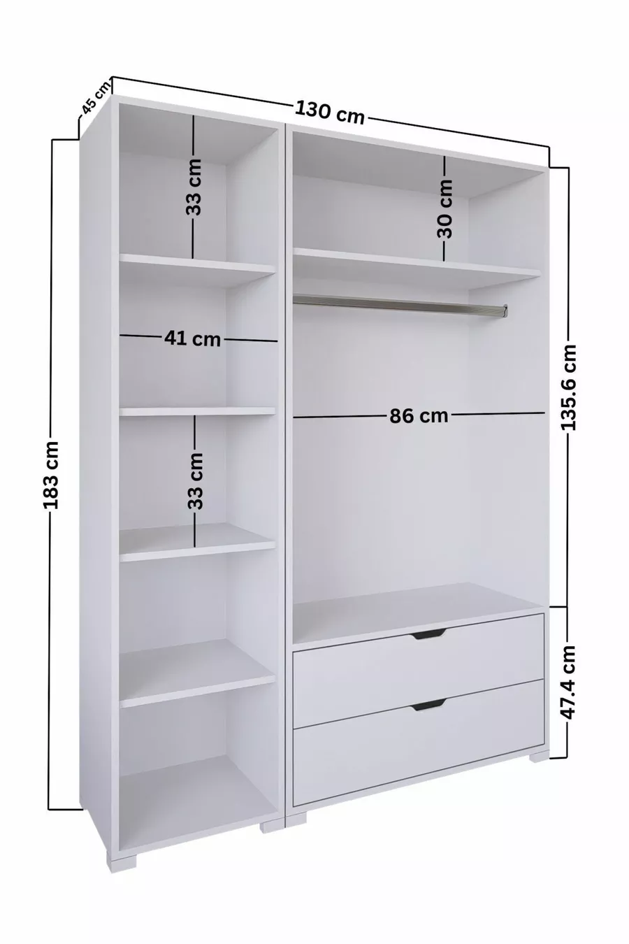 Armoire à vêtements Duru Mat Blanc à 3 portes et 2 tiroirs - Ensemble de garde-robe