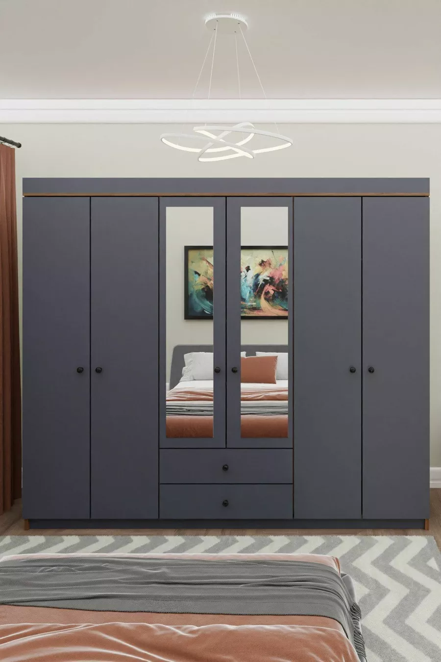 GM  ARMİNA Armoire 6 portes 2 tiroirs avec miroir, couleur noyer anthracite gris, poignées boutons