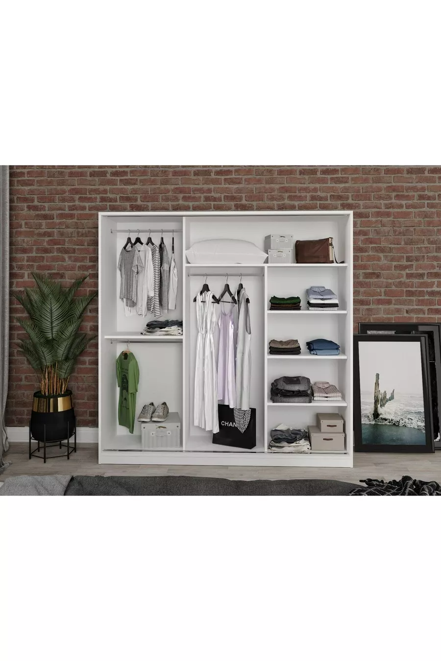 Armoire blanche Samira en MDF avec portes coulissantes et miroir, 3 portes