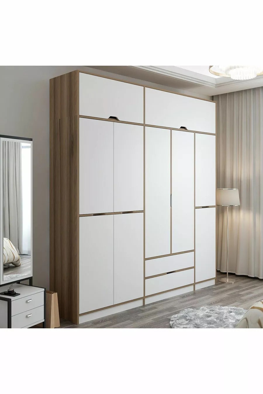 Armoire Elina à 5 portes avec penderie - Doré/Blanc