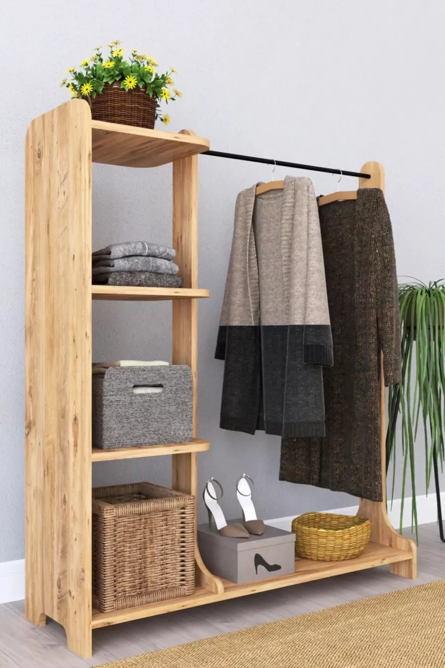 Porte-manteau sur pied Style avec cintres pour vêtements et penderie en pin Atlantique
