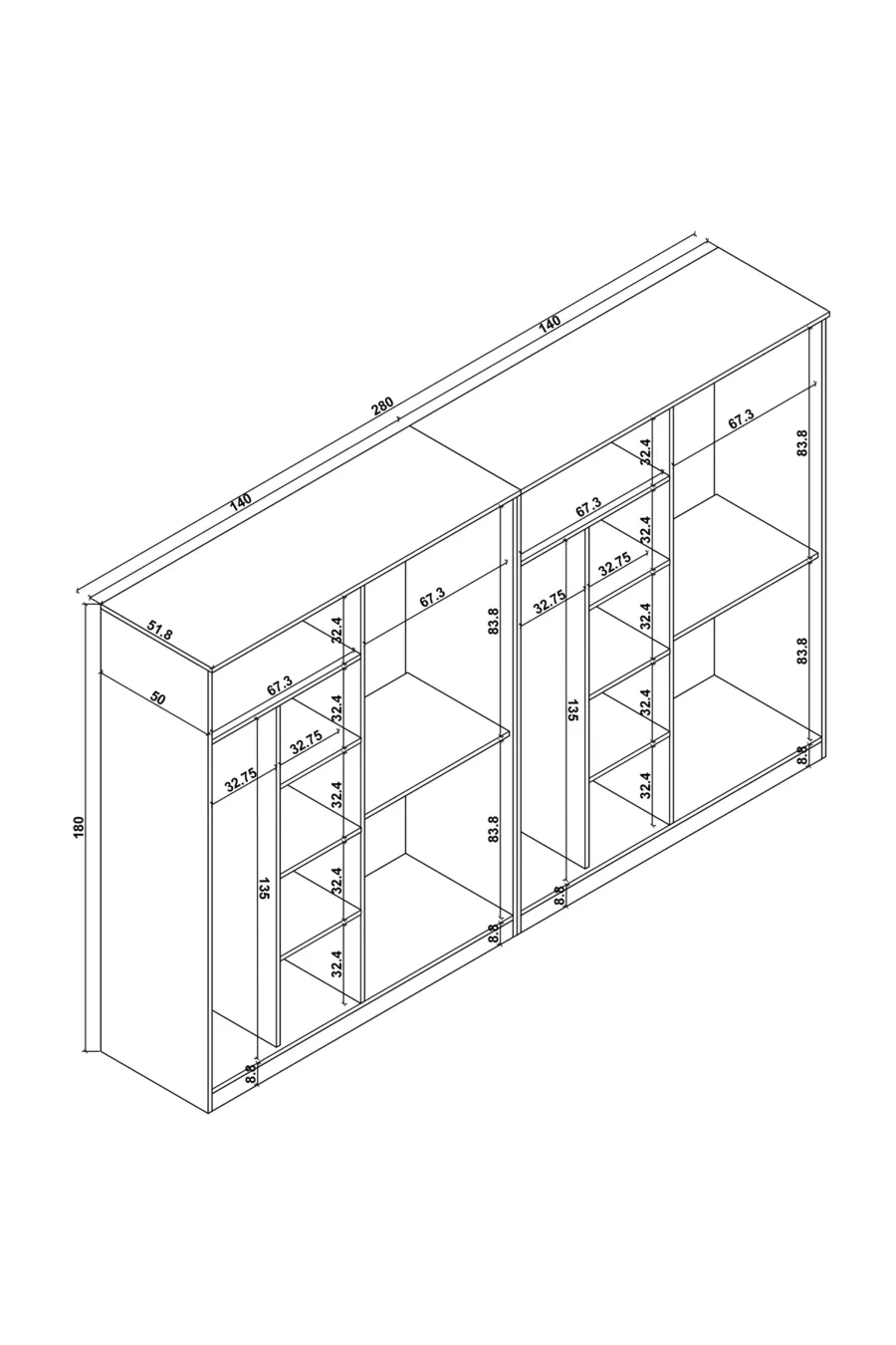 Armoire à vêtements Kardelen Série Mat Blanc 8 Portes  Étagères  cm - ensemble de garde-robe