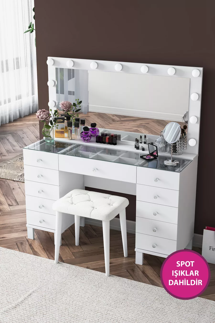 Rani Coiffeuse de Coulisses avec Miroir Illuminé Hollywood, Ensemble avec Tiroirs, Organisateur de Bijoux et Pouf, Blanc