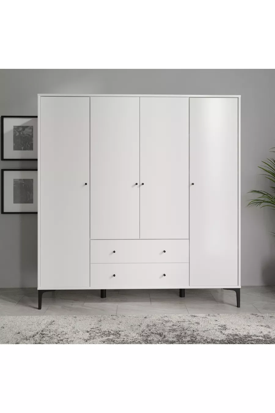 Armoire Focus 4 Portes Blanche (% MDF) - 4 Portes, 2 Tiroirs, Armoire sur Pieds