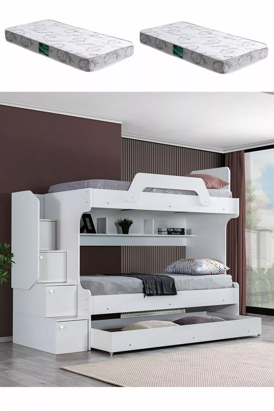 Lits superposés, Lit superposé avec tiroirs Inci - Blanc 2 matelas Confort