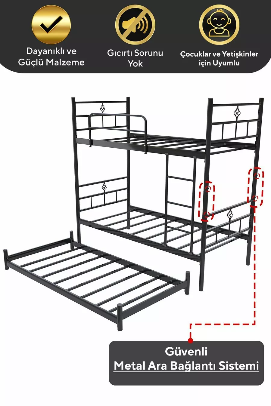 Lit superposé Koza avec tiroir, compatible pour 3 personnes, lit en métal noir