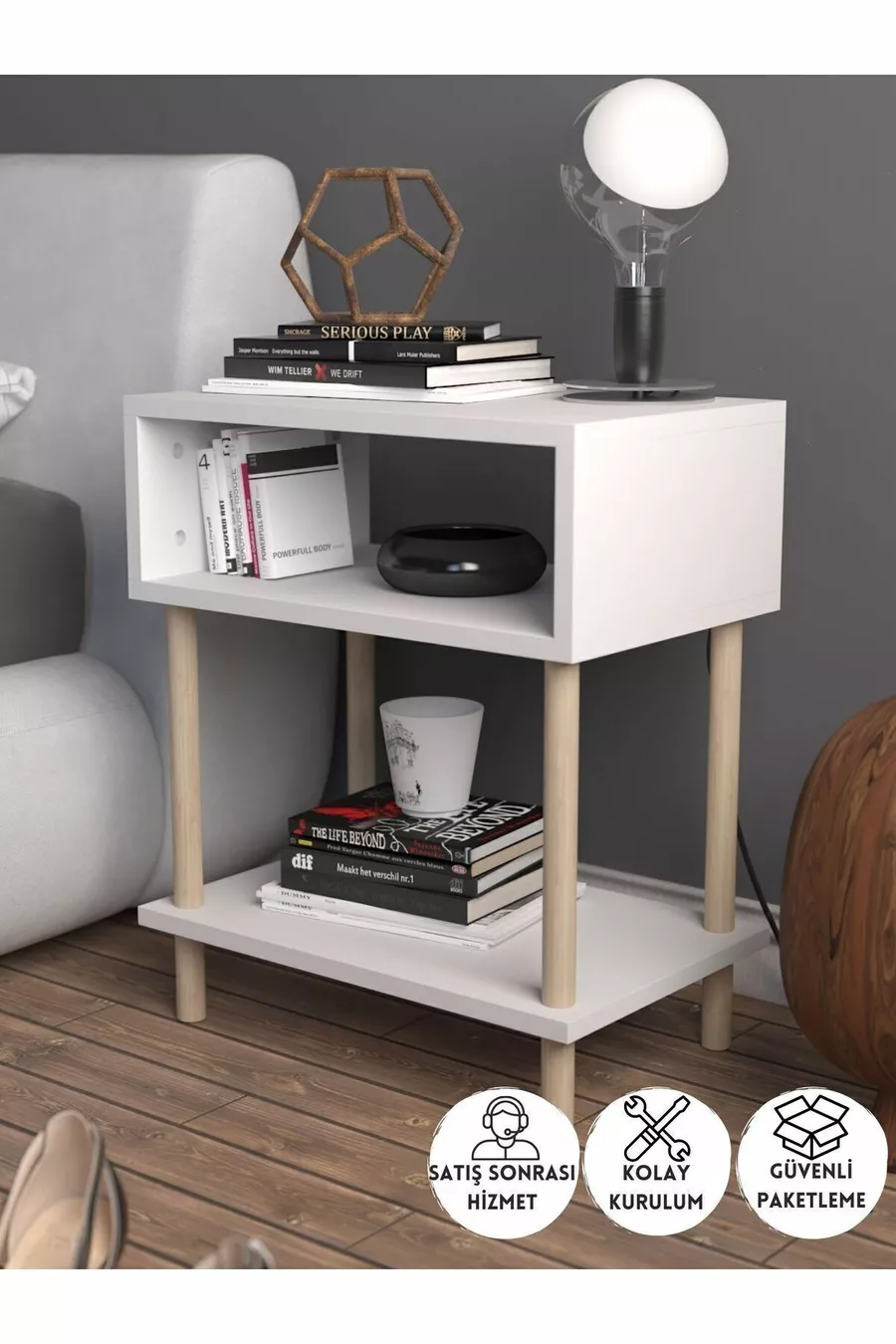 Table de chevet moderne à 2 étagères pour chambre à coucher, organisateur de chevet sur pieds en bois - Blanc