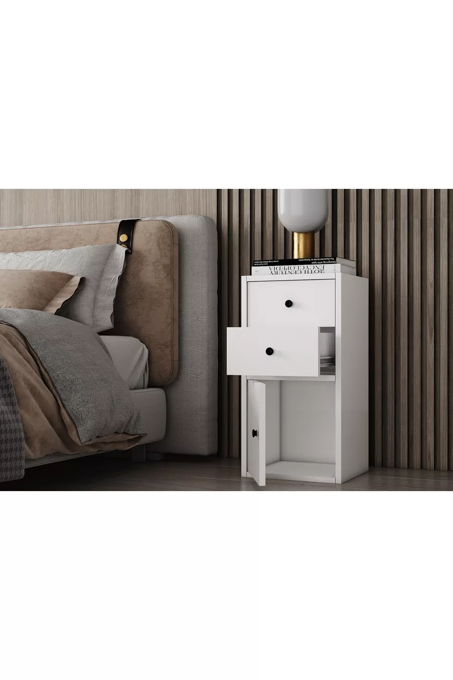 Table de chevet moderne blanche Eva à deux tiroirs et une porte
