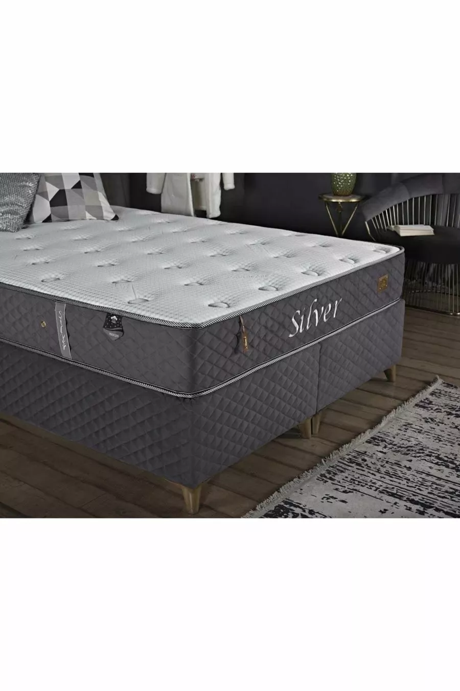 Ensemble de tête de lit et sommier avec système de ressorts dynamique argenté
