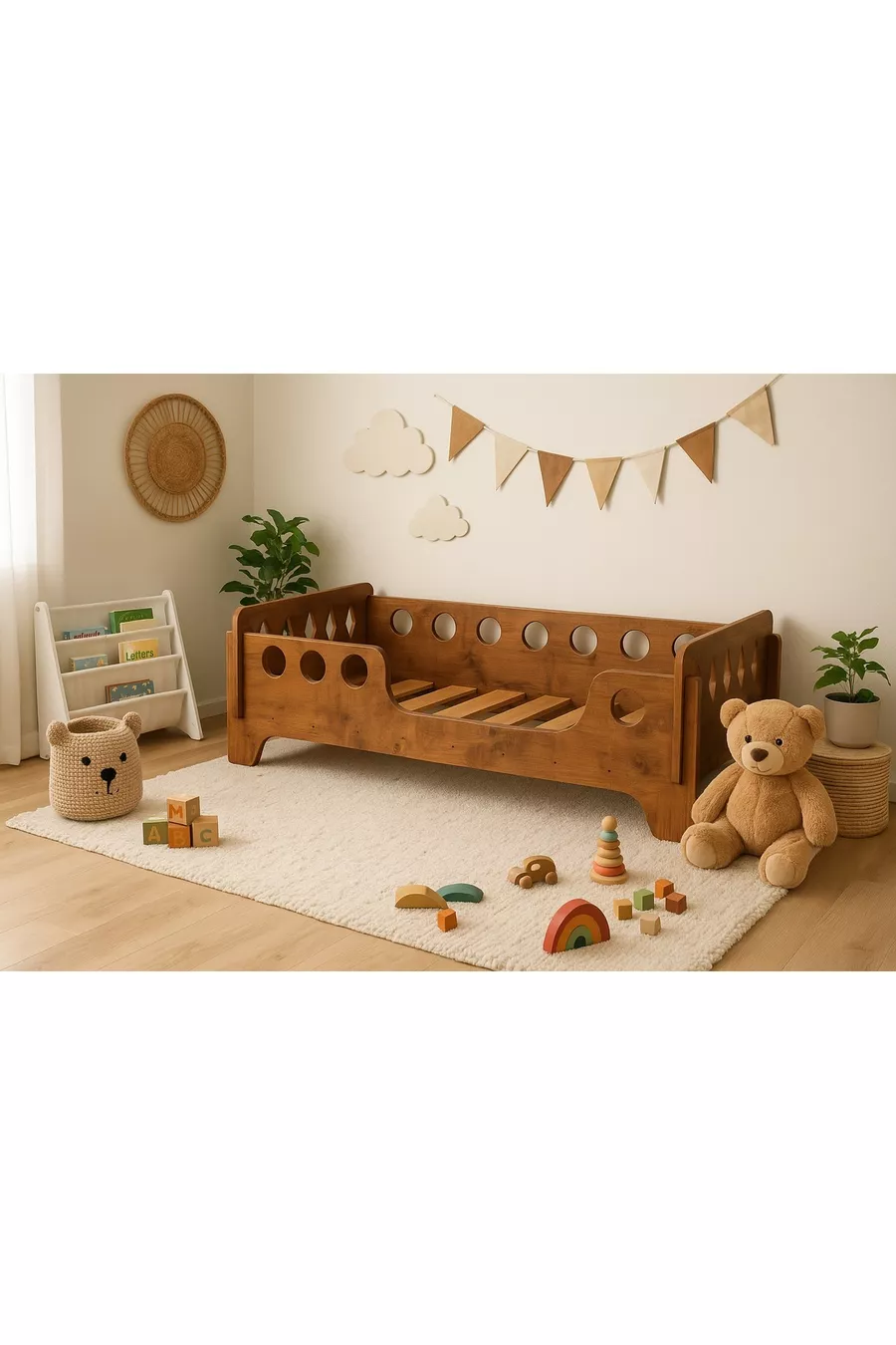 Lit Montessori en Noyer, MDF Noyer, Lit pour Enfant Sécurisé avec Détails en Bois