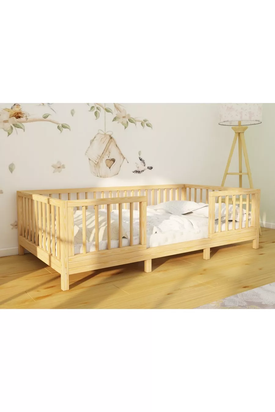 ALAZ - LIT DE SOL EN BOIS NATUREL POUR BÉBÉS ET ENFANTS, POUVANT ÊTRE UTILISÉ DEVANT MONTESSORI
