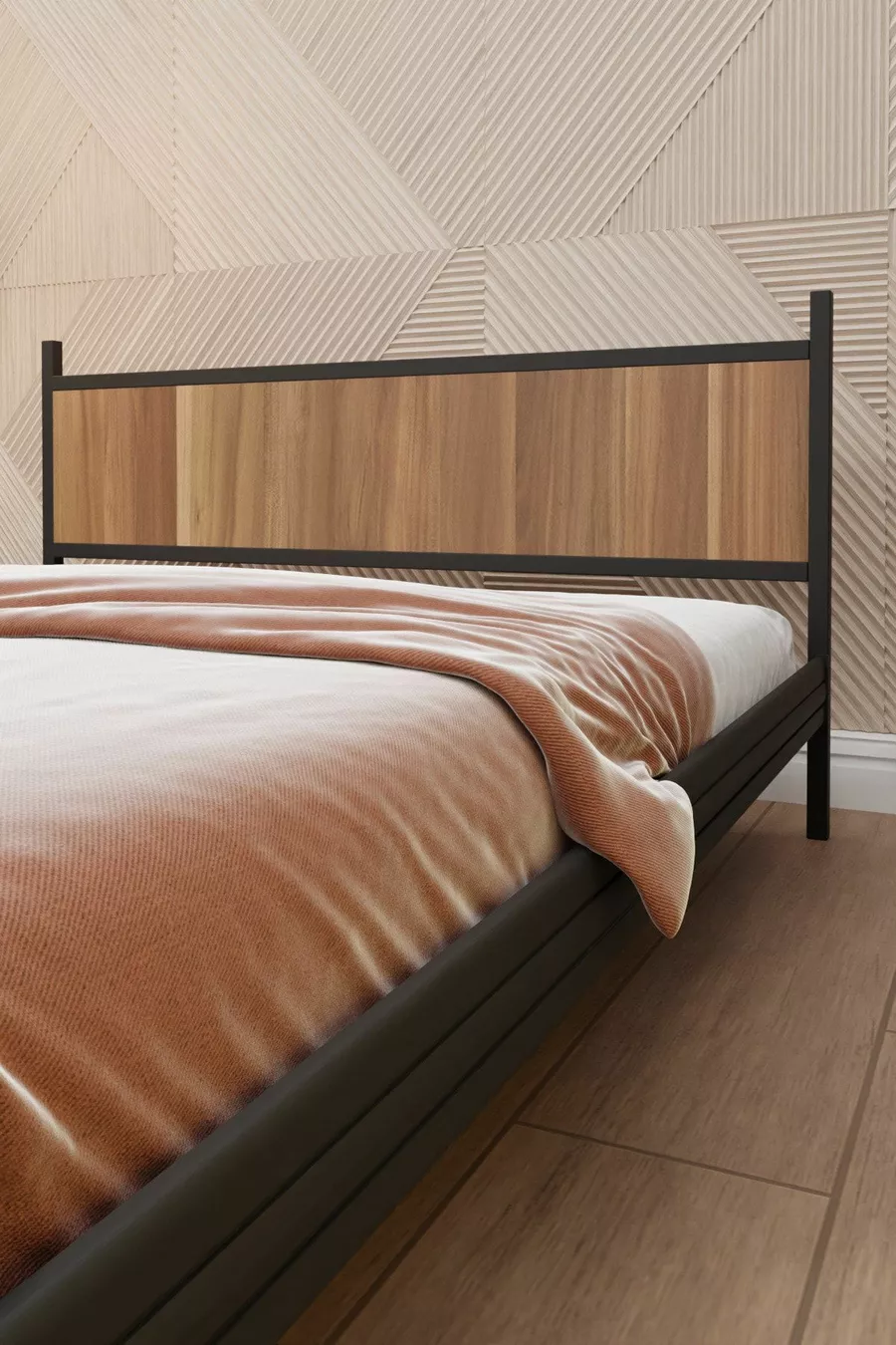 Gm Lit Double Moderne Bois et Métal Noir Noyer