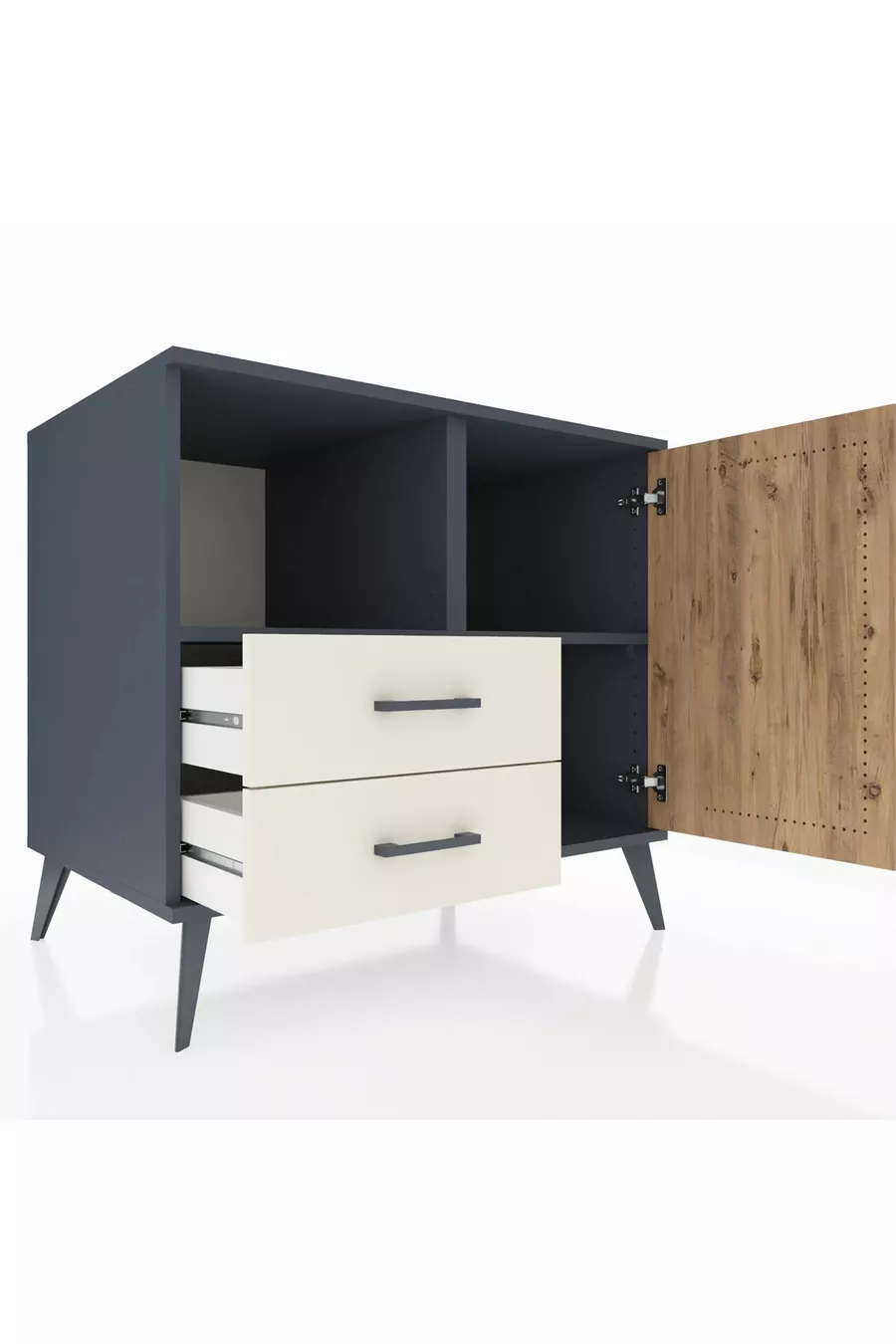 Commode Kronos à 2 étagères, 2 tiroirs, 1 porte, Anthracite-Sapin/Pierre de lune