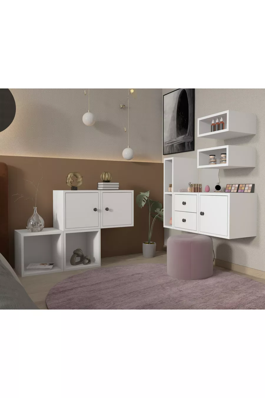 Ensemble modulable tête de lit-tiroir pour chambre à coucher – Blanc – 