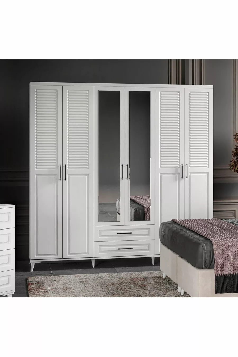 Ensemble de chambre à coucher complet en MDF blanc avec 6 portes, montage gratuit