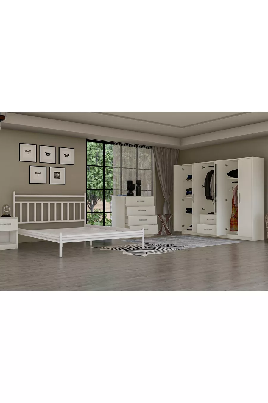 ENSEMBLE DE CHAMBRE À COUCHER METALA, BLANC, 6 PORTES