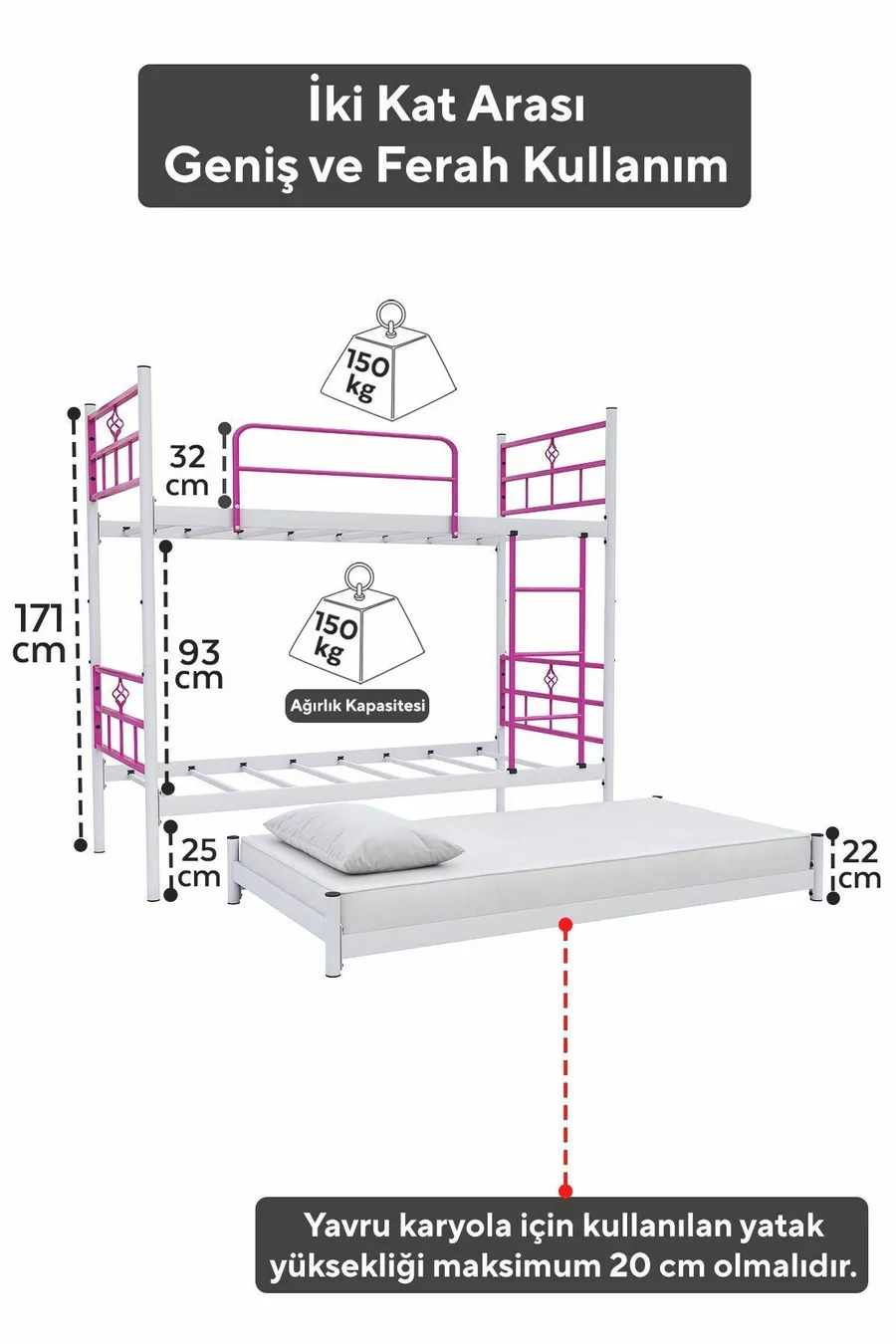 Lit superposé Koza avec tiroir, compatible pour 3 personnes, en métal rose foncé