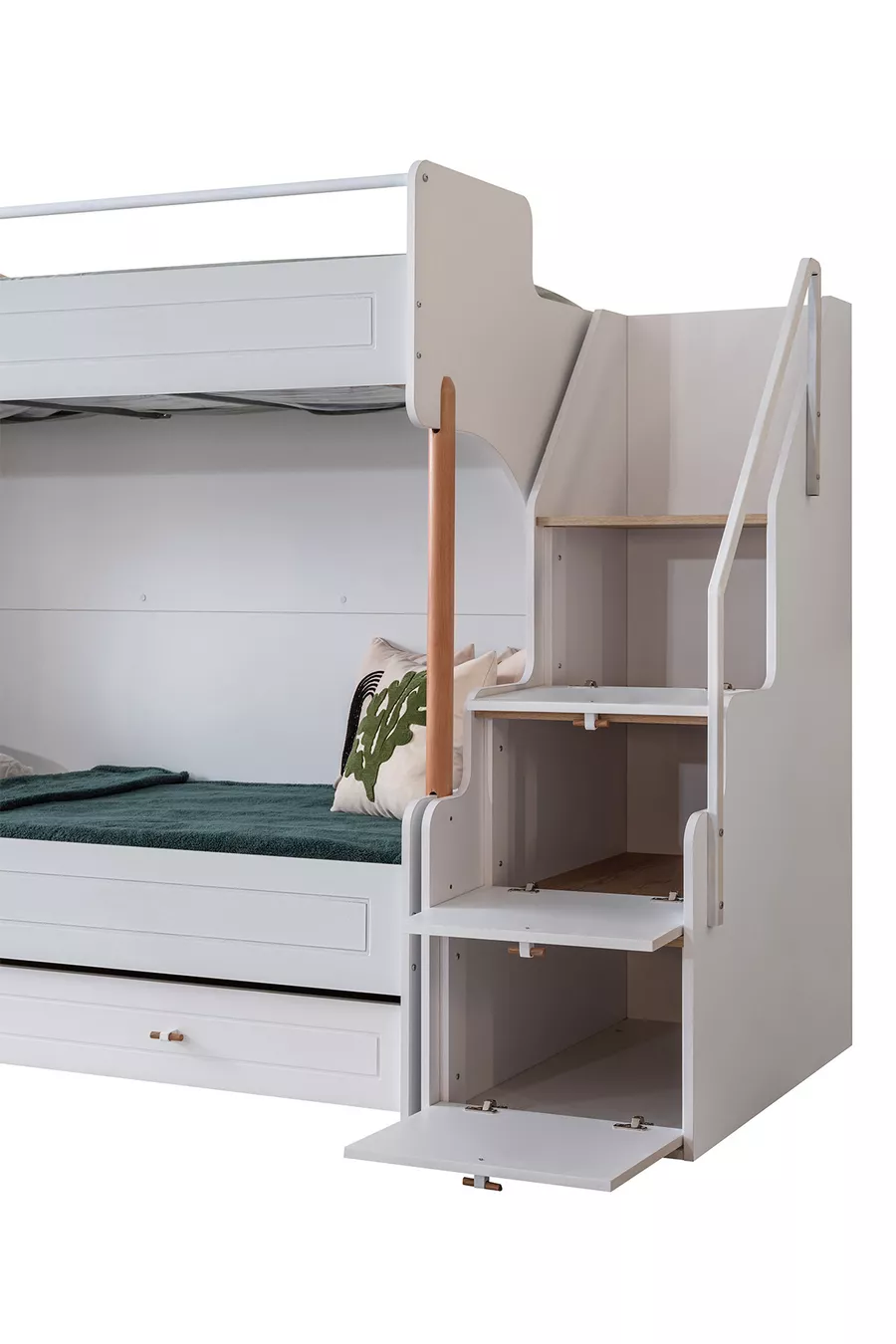 Lit superposé Ranza, lit superposé Vita Bohem avec tiroirs blanc, armoire à 4 portes, 2 matelas Comfort
