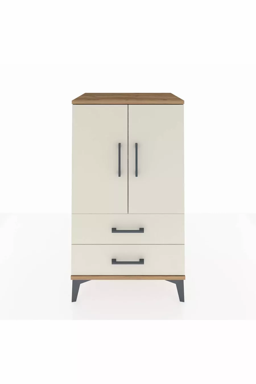 Commode Hyperion à 2 étagères, 2 tiroirs, 2 portes, Pins-Patine de pierre
