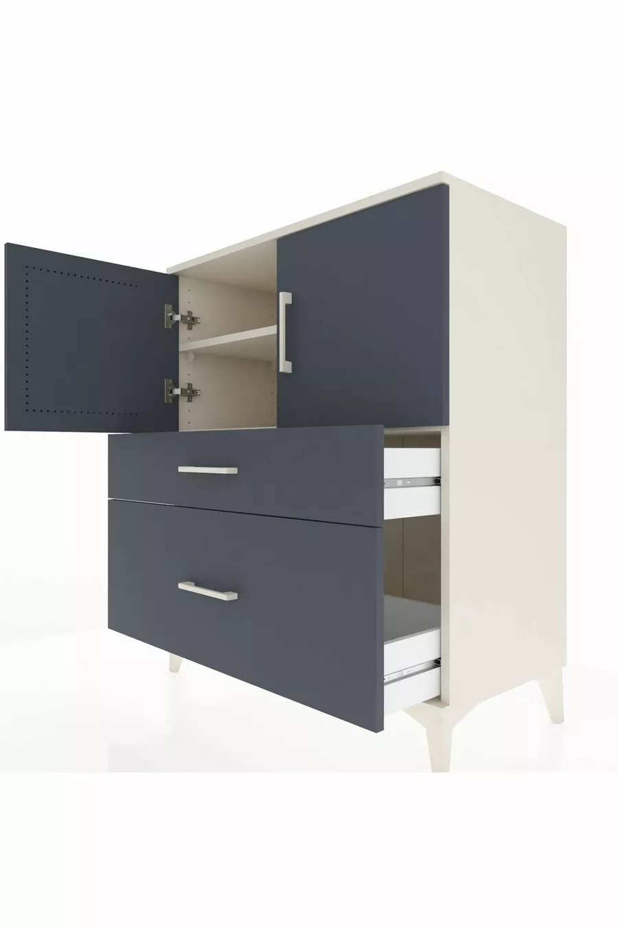 Commode Hyperion avec 2 étagères, 2 tiroirs et 2 portes, Pierre de Lune-Anthracite