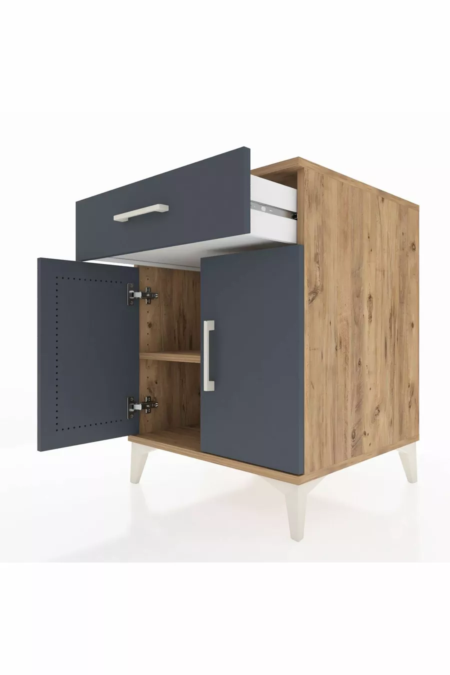 Table de chevet Kronos avec une étagère, un tiroir et deux portes, pin-anthracite