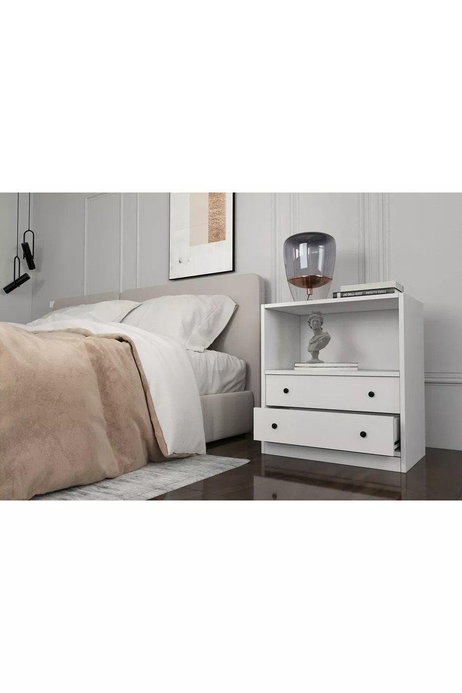 Table de chevet blanche à deux tiroirs avec étagère, sans moulure