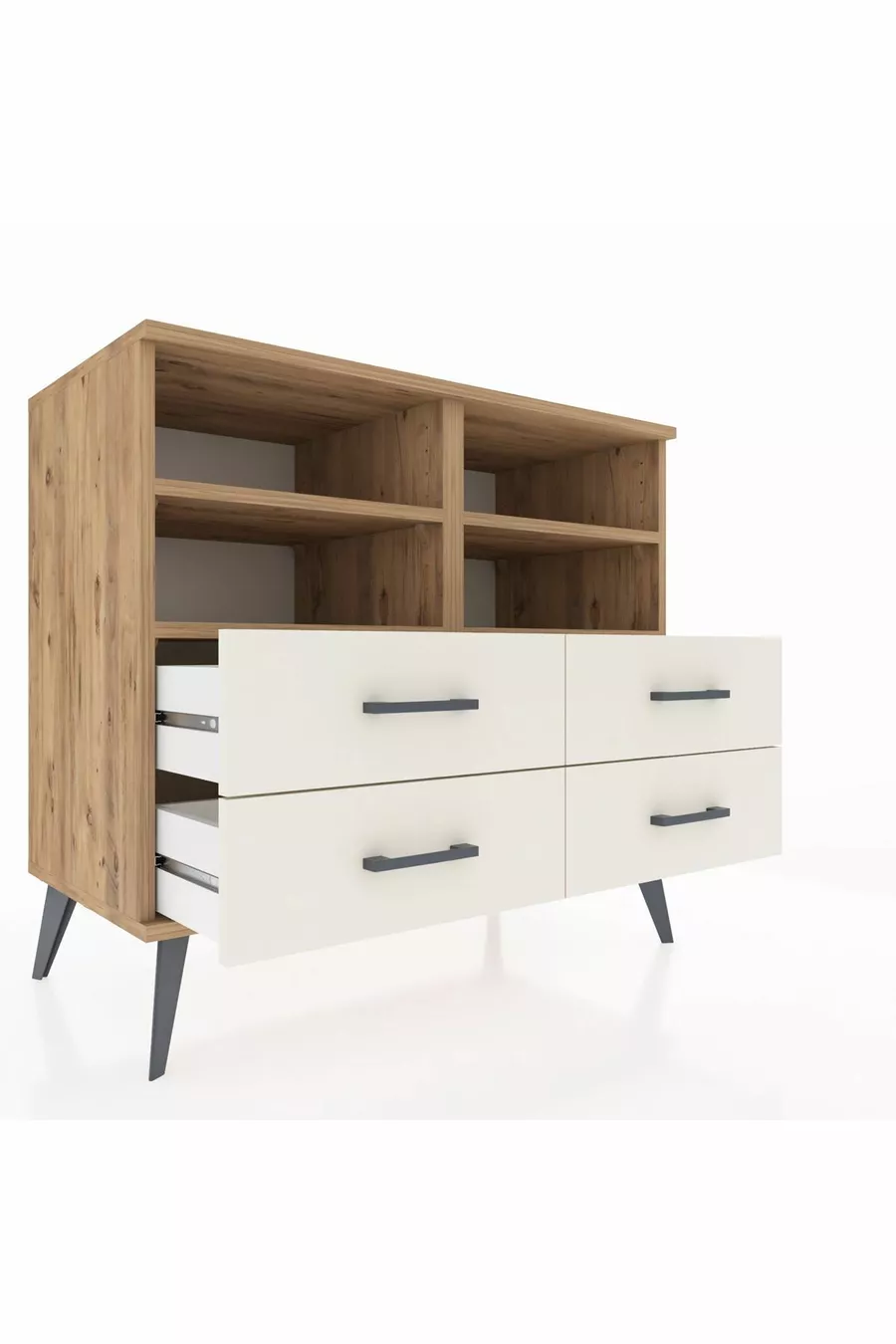 Commode Hyperion 4 étagères 4 tiroirs Pin-Pin/Marbre blanc