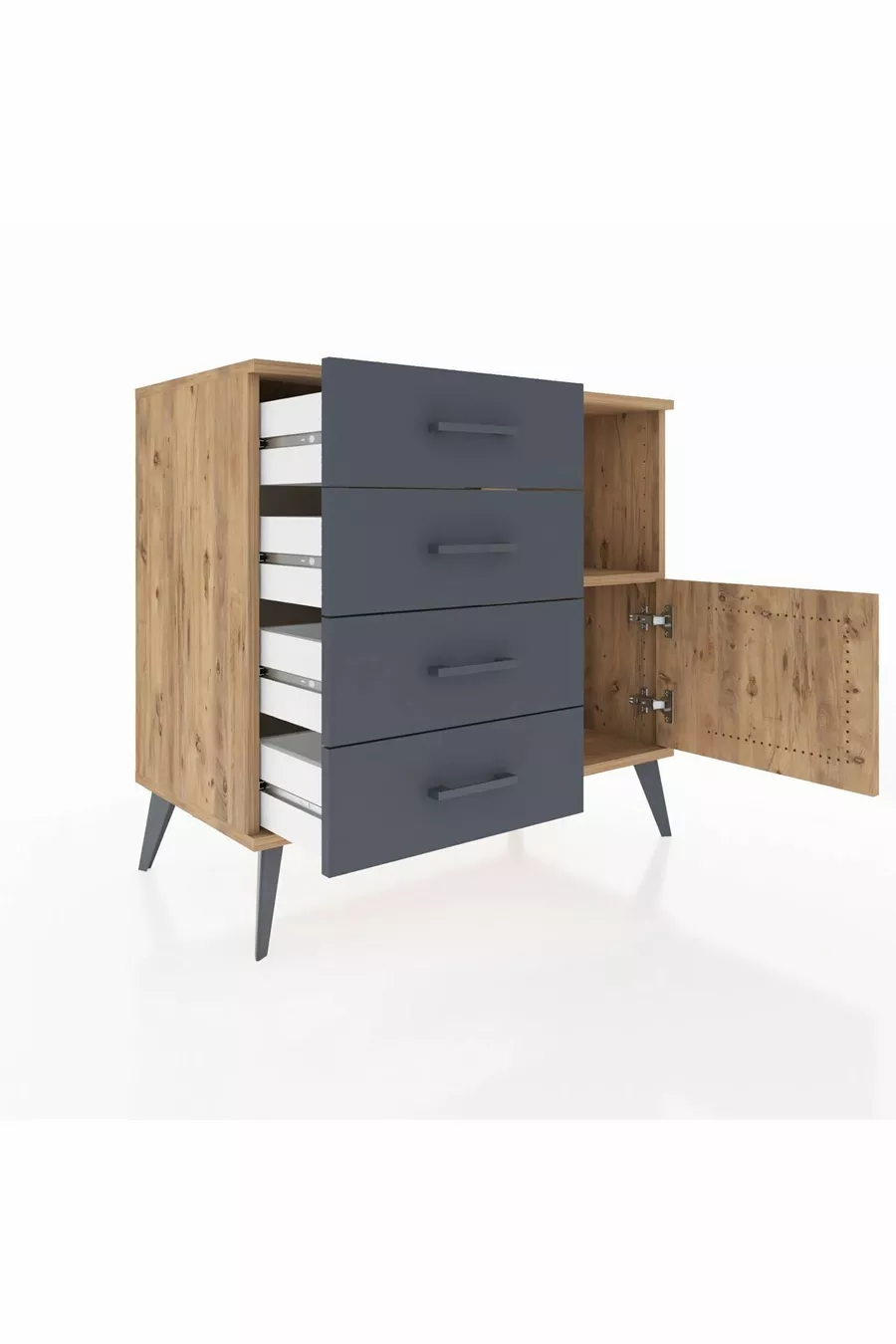 Commode Hyperion avec une seule étagère, 4 tiroirs et une porte, Pin-Pin/Anthracite