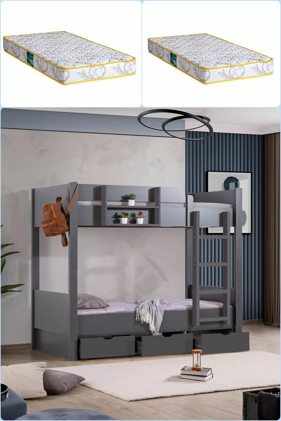 Lit superposé Ranza Asya avec tiroirs amovibles, 2 matelas Comfort