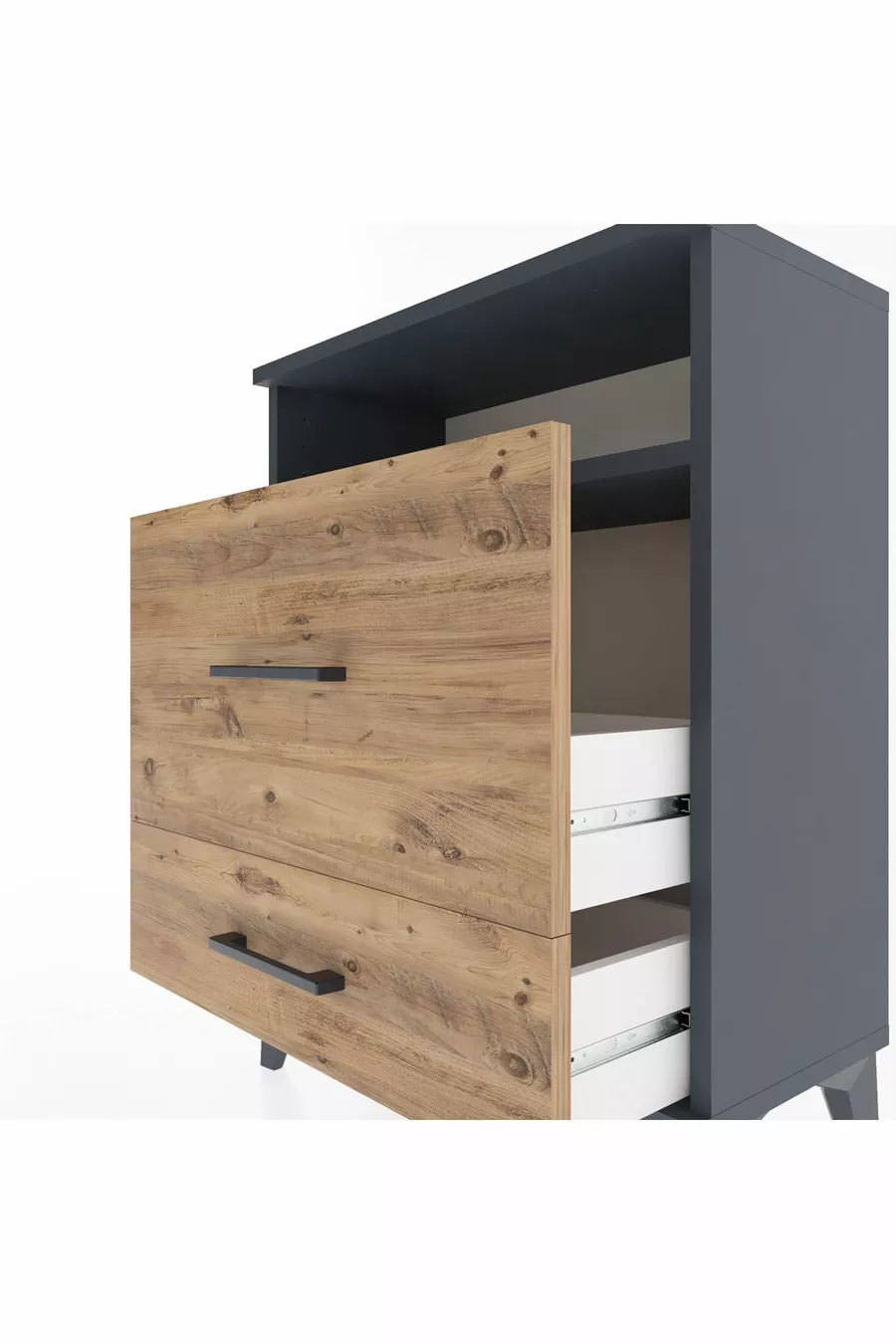 Chevet Arges à une étagère et deux tiroirs Anthracite-Pin