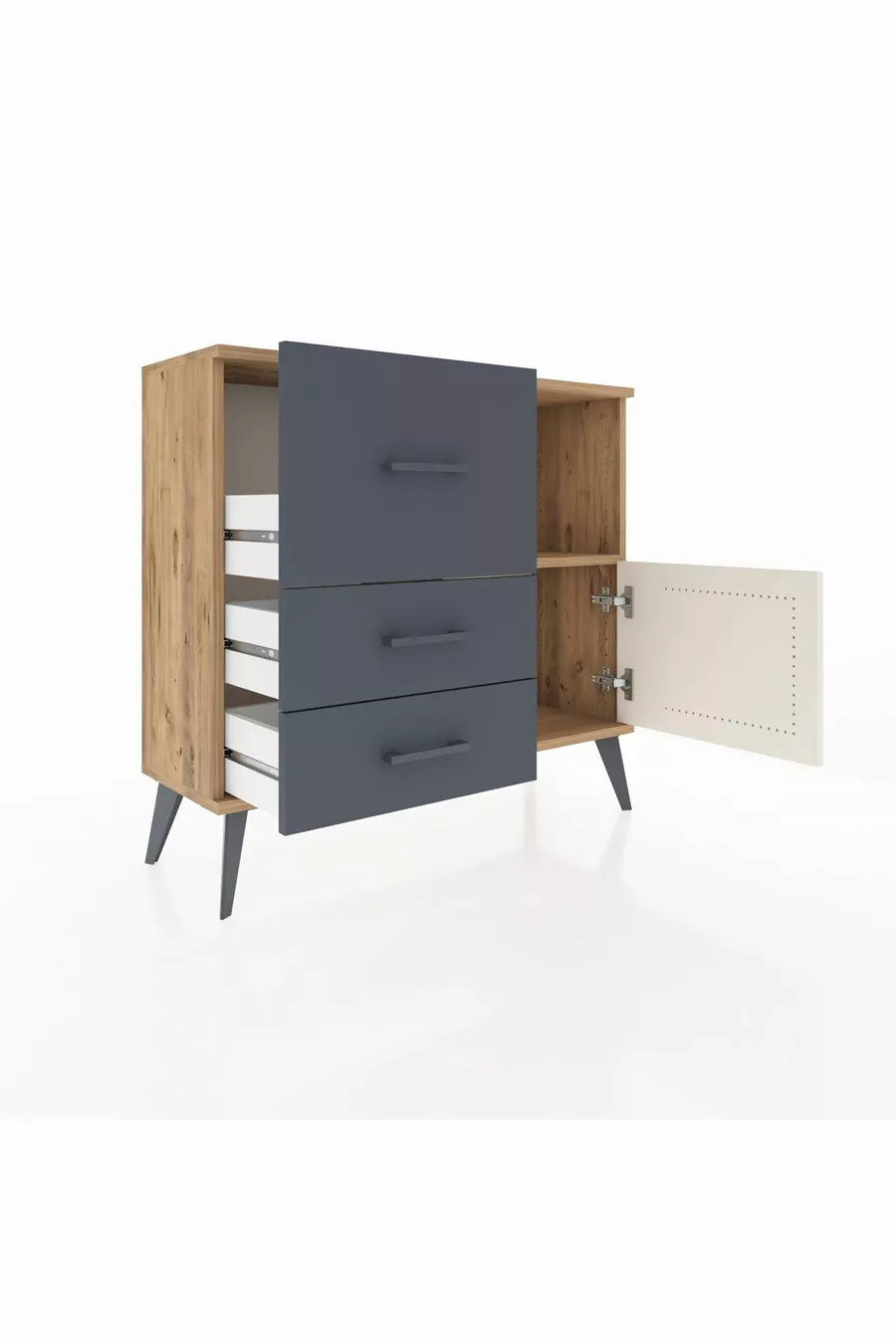 Commode Arges avec une seule étagère, 3 tiroirs et une porte, pin-gris/anthracite