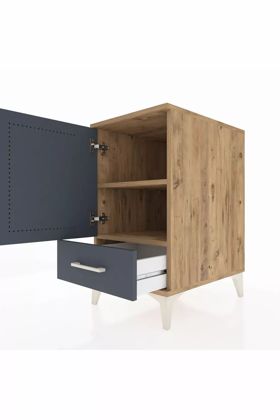 Table de chevet Kronos avec 2 étagères, 1 tiroir et 1 porte, pin-anthracite