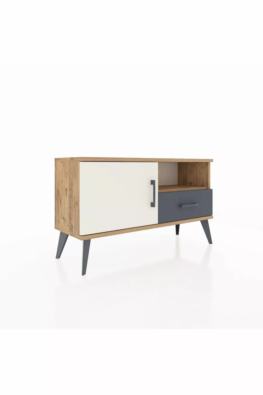 Commode Arges avec 2 étagères, 1 tiroir et 1 porte, en pin-pierre d'âme / anthracite