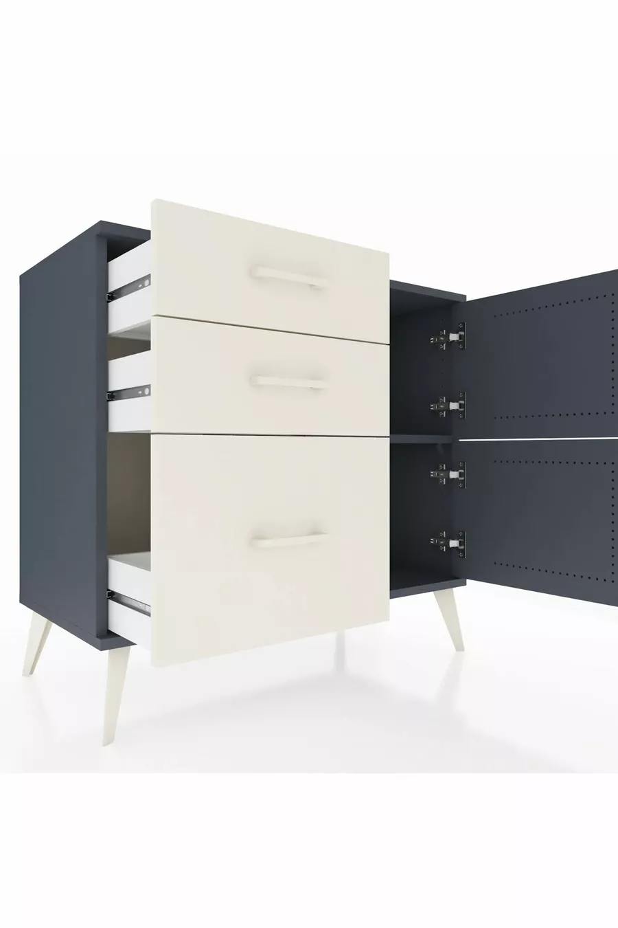 Commode Hyperion à une étagère, 3 tiroirs et 2 portes Anthracite-Anthracite/Gris pierre