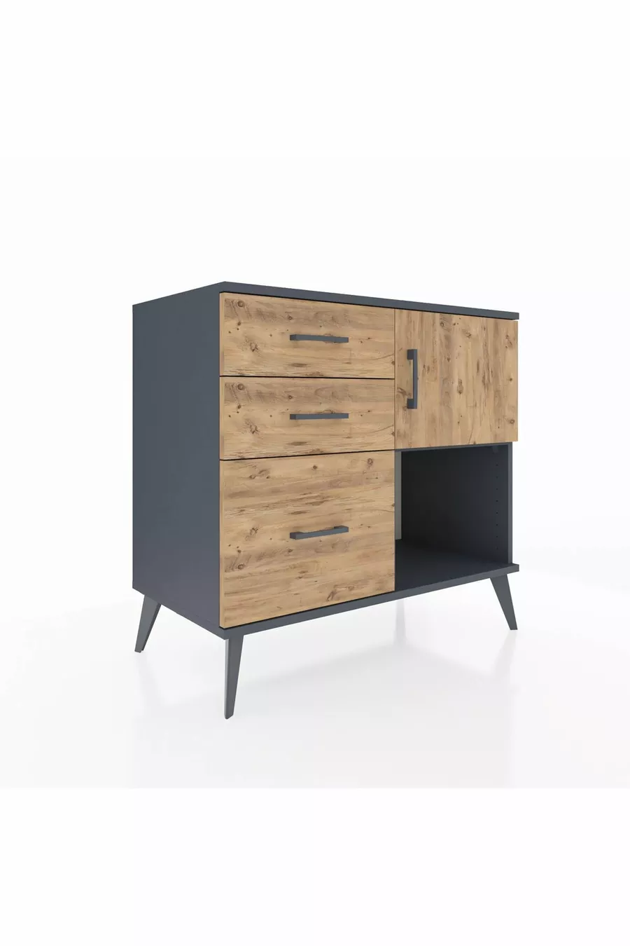 Commode Hyperion à une étagère, 3 tiroirs et une porte, Anthracite-Bois de pin