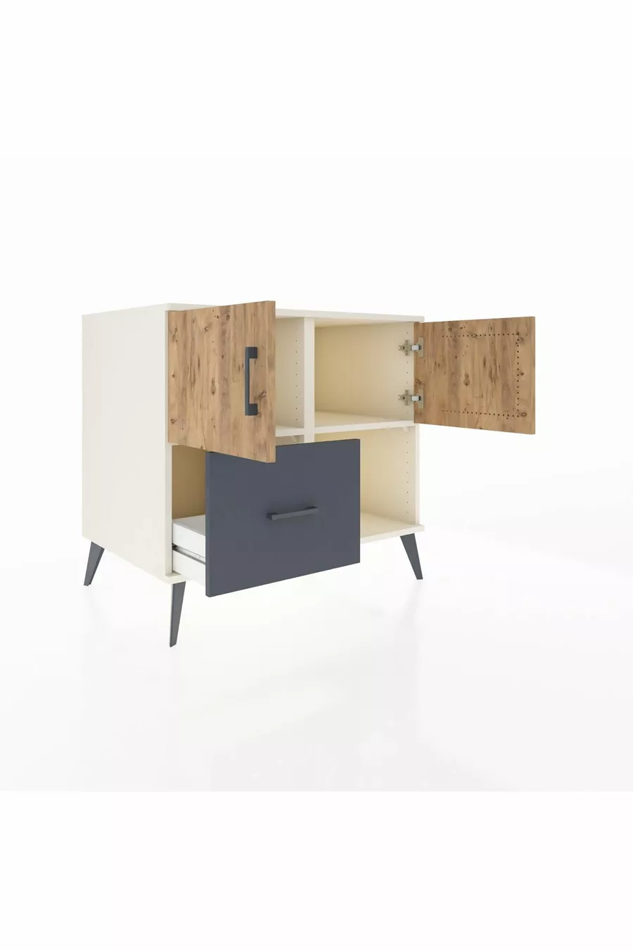 Commode Kronos avec 2 étagères, 1 tiroir et 2 portes, Albâtre-Pin/Anthracite