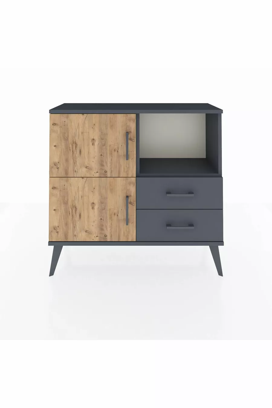 Commode Arges 2 étagères 2 tiroirs 2 portes Anthracite-Sapin/Anthracite