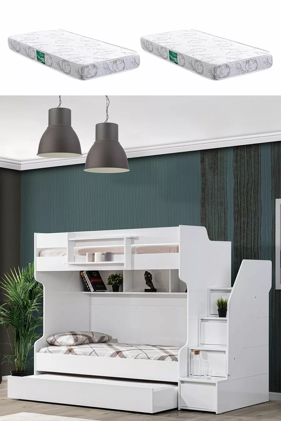 Lits superposés Ranza, courageux avec petit lit - Blanc, 2 matelas confort