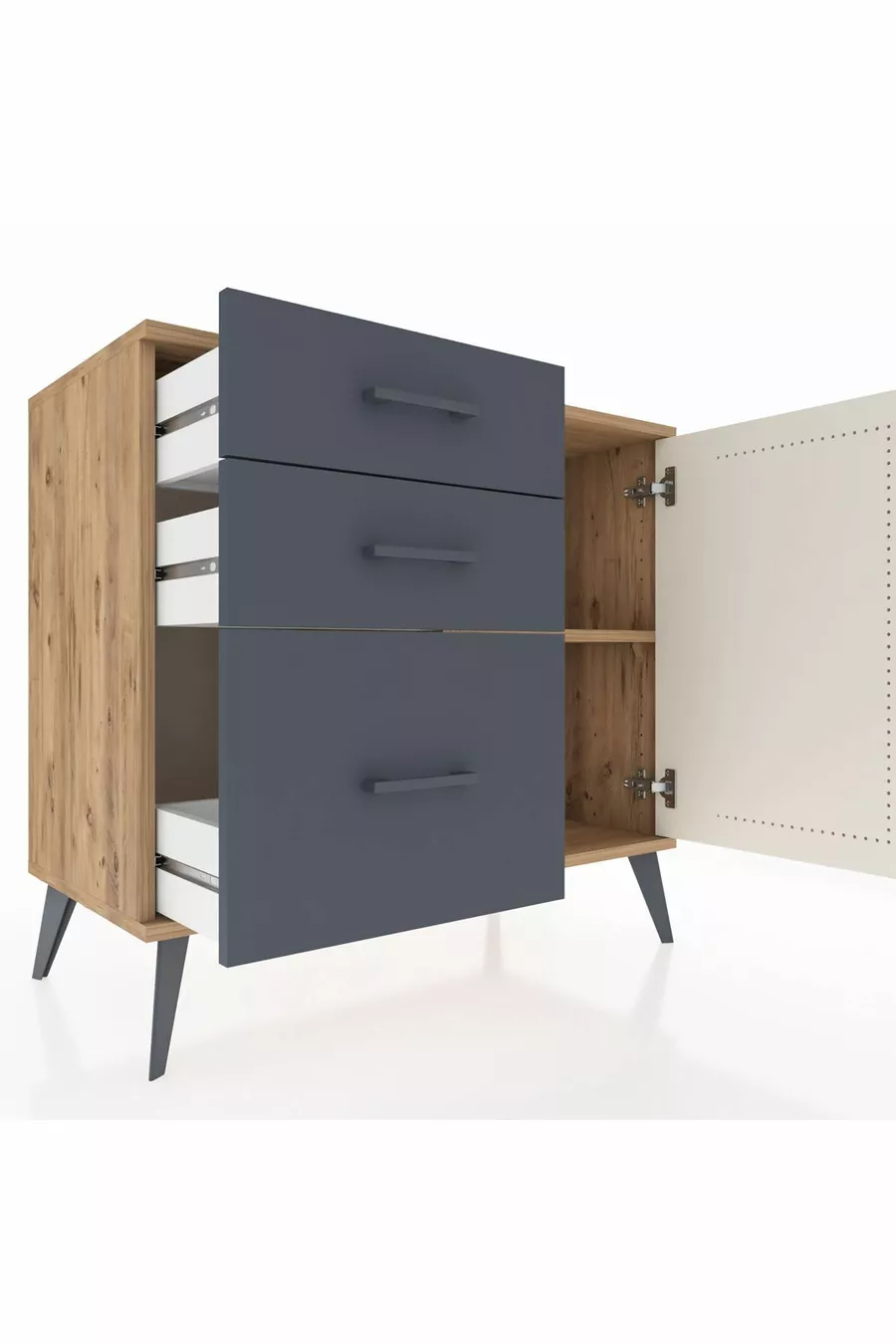 Commode Hyperion avec une seule étagère, 3 tiroirs et une porte, pin-gris/anthracite