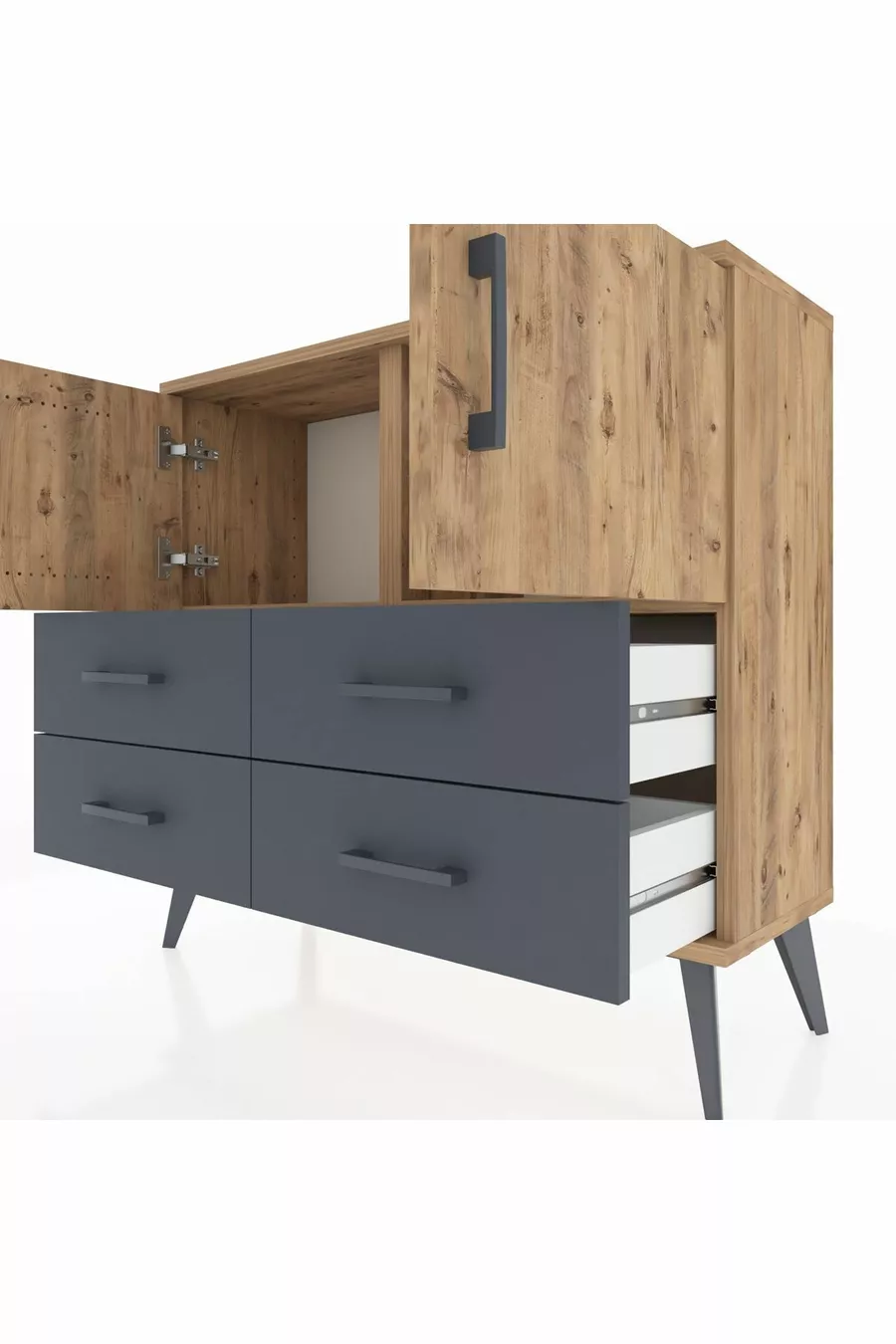 Commode Arges 2 étagères, 4 tiroirs, 2 portes, Pin/Anthracite