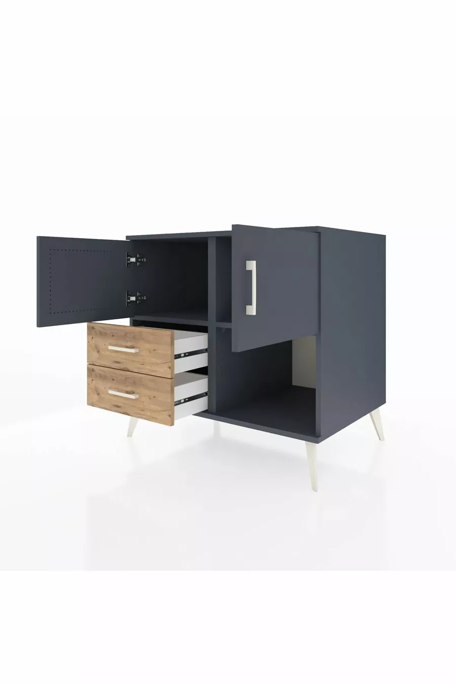 Commode Kronos 2 étagères 2 tiroirs 2 portes Anthracite-Anthracite/Sapin