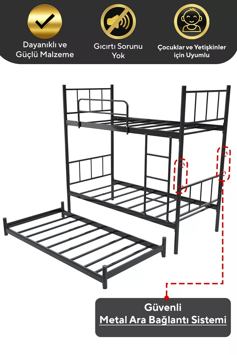 Lit superposé Tekno avec tiroirs, compatible pour 3 personnes, métal noir