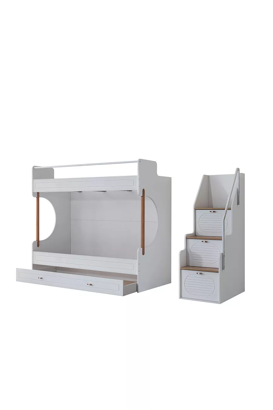 Lit superposé Ranza, lit superposé Vita Bohem avec tiroirs blanc, armoire à 4 portes, 3 matelas Comfort