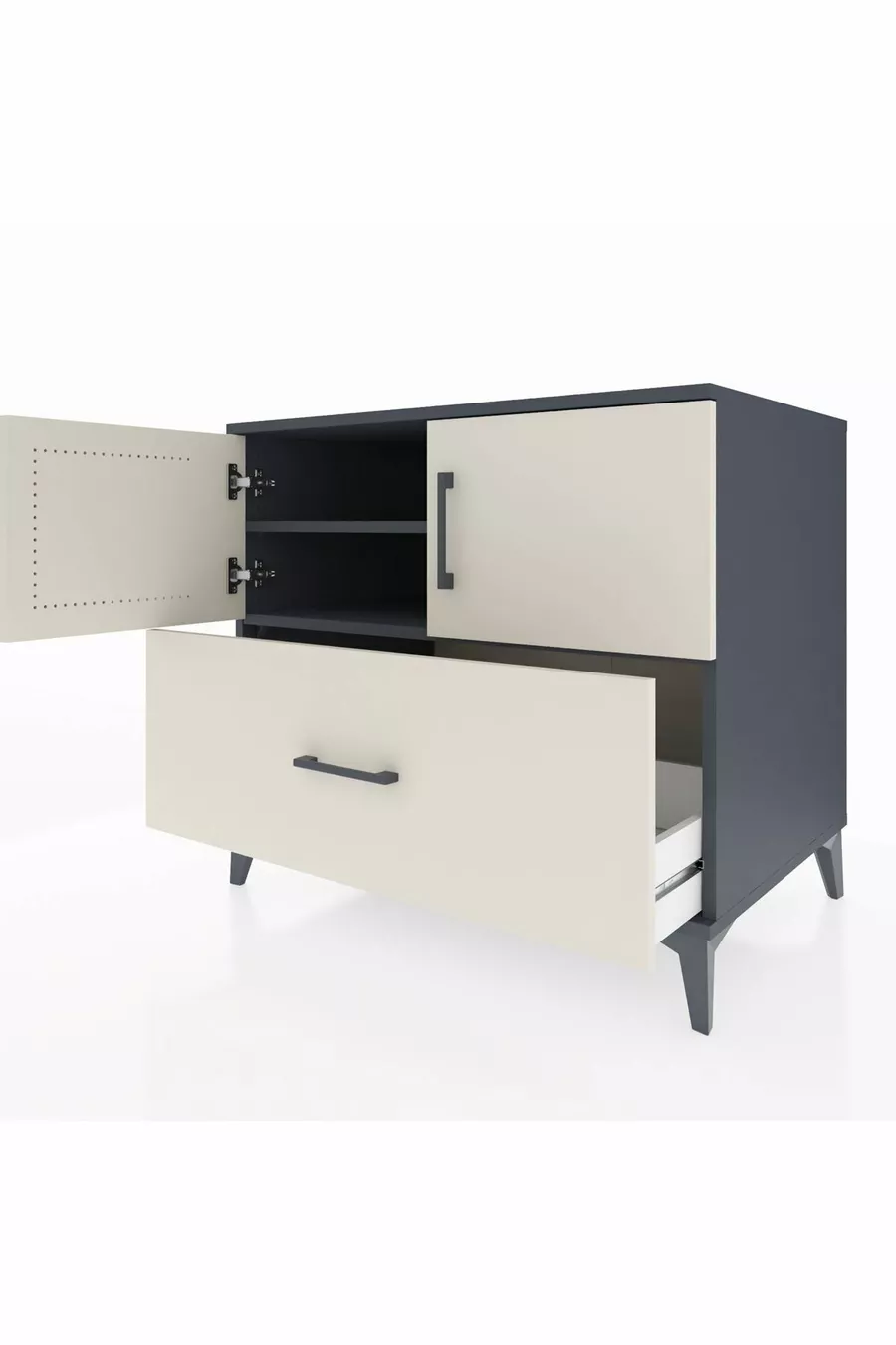 Commode Kronos avec 2 étagères, 1 tiroir et 2 portes, Anthracite-Pierre de lune