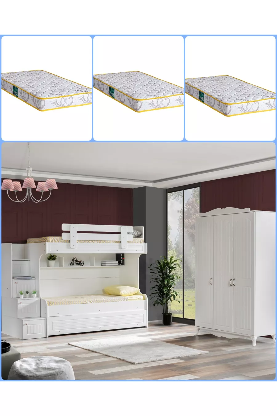Lits superposés, Lit superposé avec 3 portes + 3 matelas Comfort