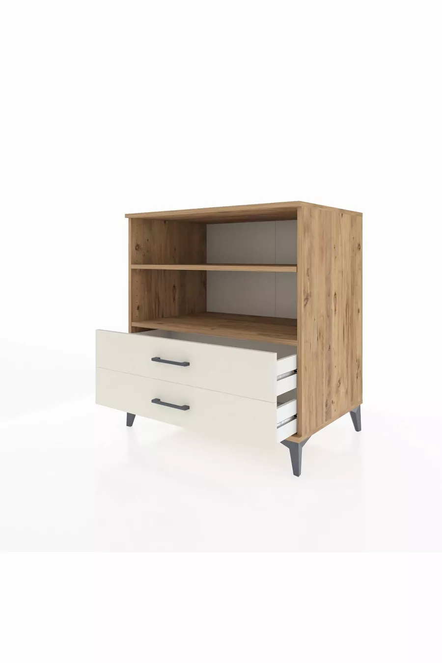 Commode Kronos avec 2 étagères et 2 tiroirs en pin et pierre d'onyx