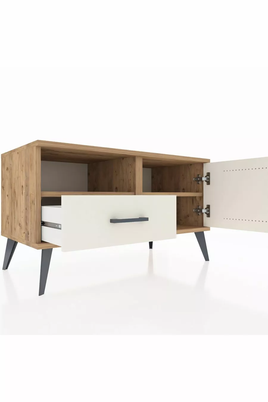 Commode Hyperion à 2 étagères, 1 tiroir et 1 porte, Pins-Quartz