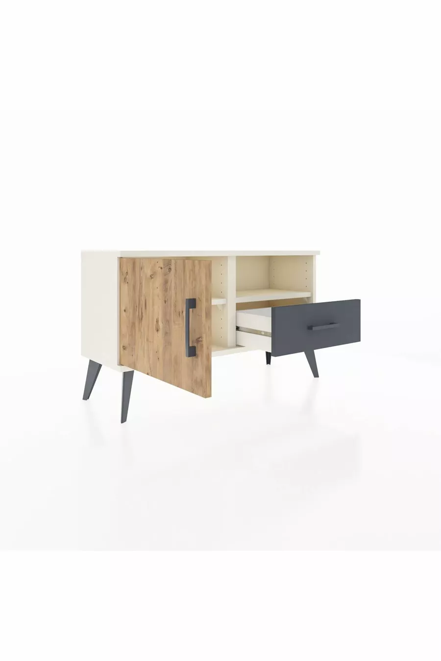 Commode Arges avec 2 étagères, 1 tiroir, 1 porte, couleur Pierre de lune/Pin/Anthracite