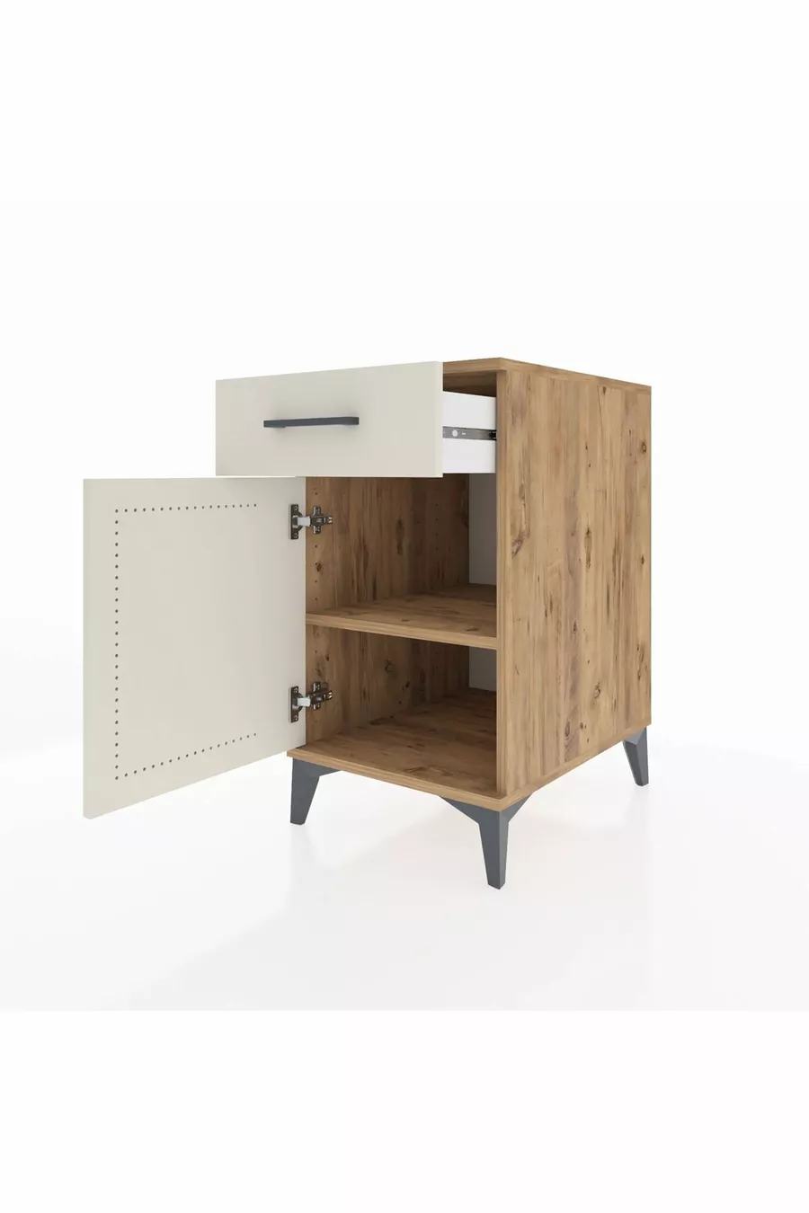 Chevet Kronos avec une étagère, un tiroir et une porte en pin et pierre d'onyx